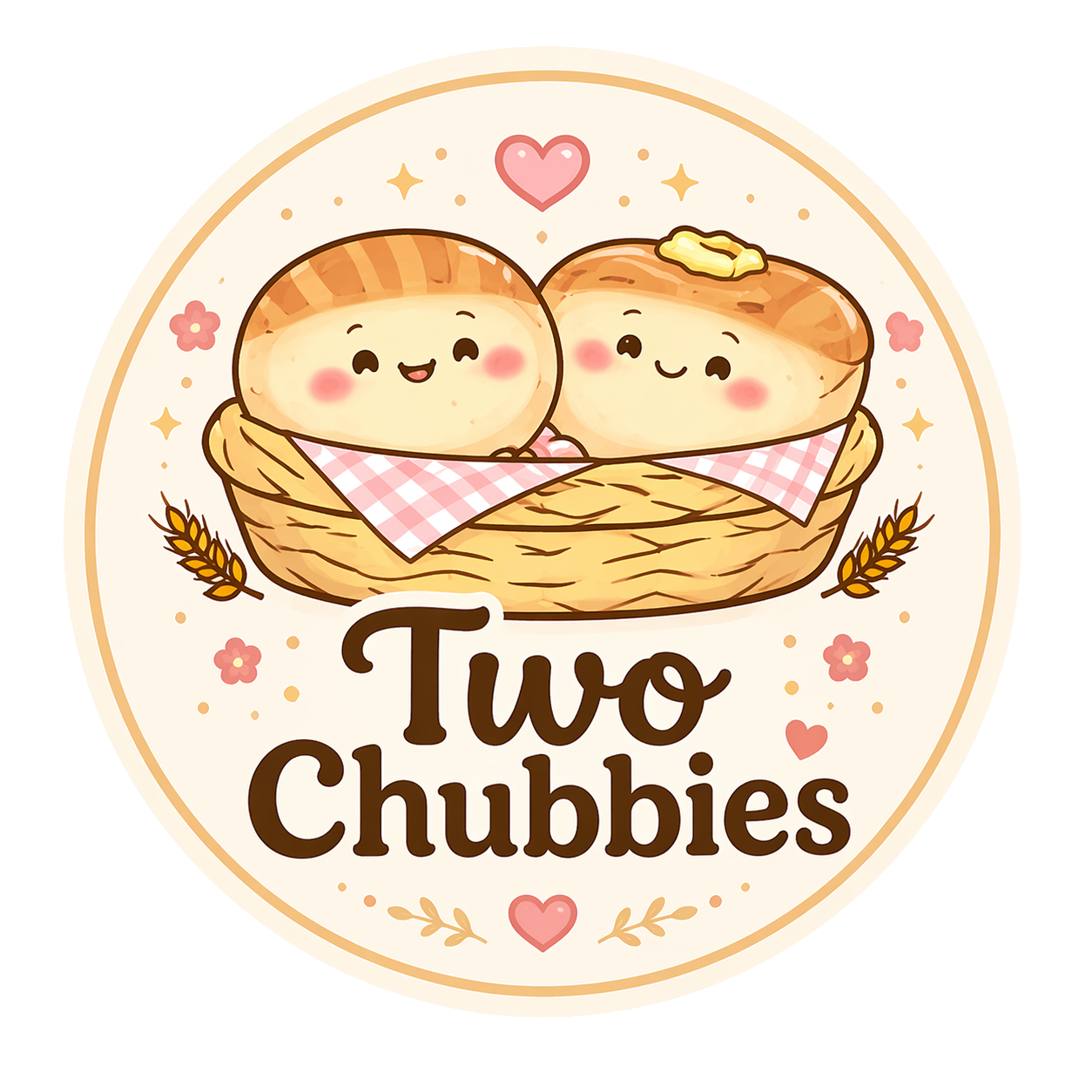 a cute logo design featuring two chubby smiling buns in a woven basket with a pink checkered cloth, warm pastel colors, cream background, text
